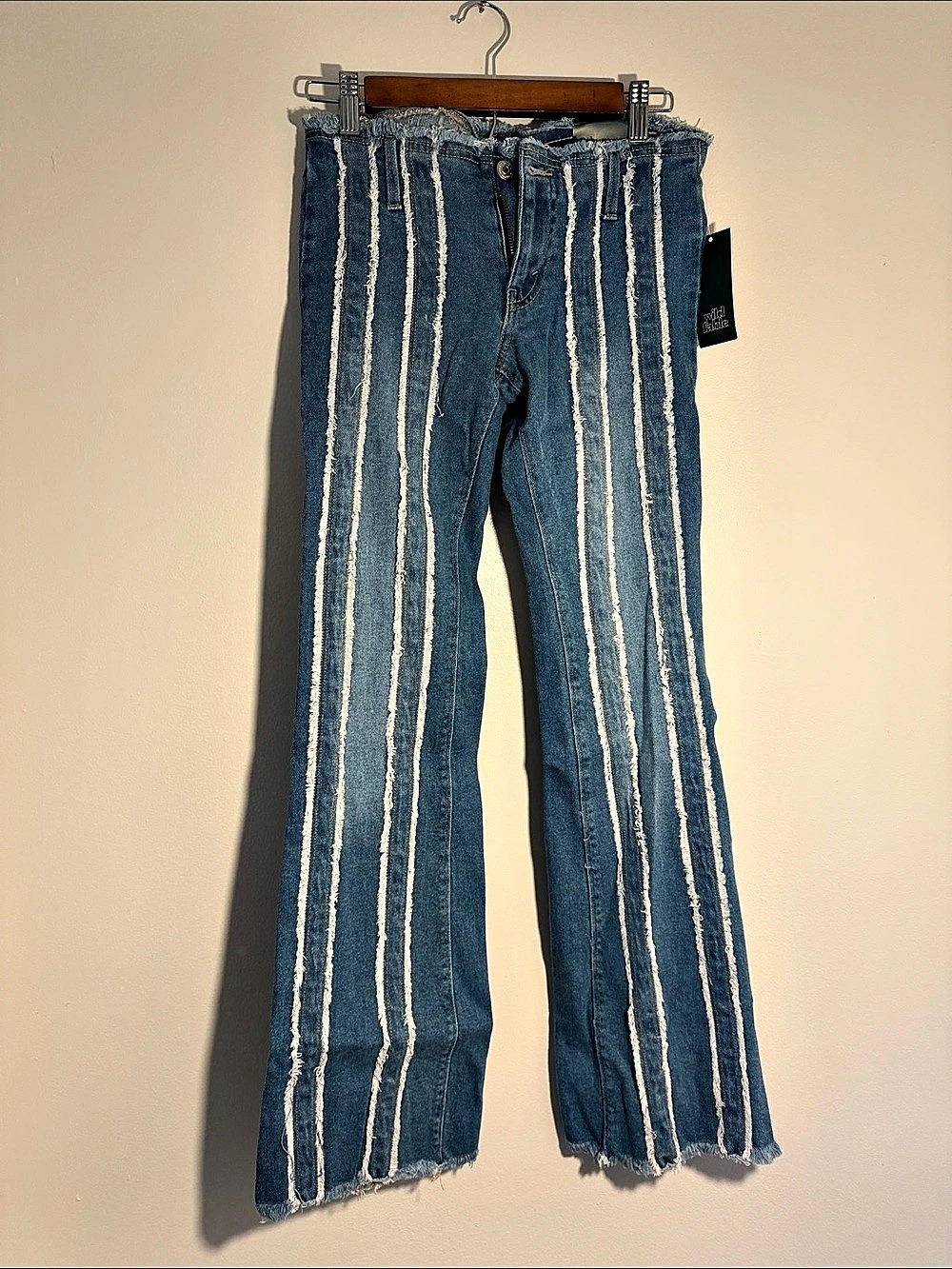 Wild Fable Vertical Frayed Striped Jeans Striped Flare Jeans in Blue & White
